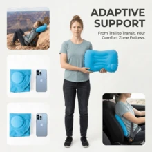 1pc Inflatable Pillow, Foldable And Portable, Press To Inflate, Soft Fleece Pillow, Suitable For Travel, Airplane, Car, Home, Office Nap, Camping And More. Lightweight And Foldable, Travel Essential. - Blue - View 4