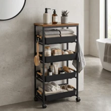 5-Tier Slim Storage Trolley With Wooden Top - Black - View 5