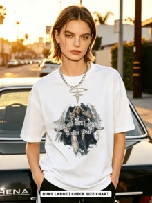Summer Casual Soft Cotton Printed Crew Neck Short-Sleeve Top With Retro European Street Y2K Style. - White - View 4
