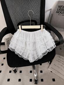 Pantalones cortos de mujer para verano, casuales, de vacaciones, color liso, con encaje, volantes multicapa y cintura con cordón - Blanco - Ver 5