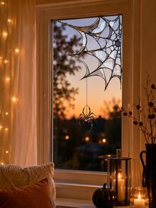 1pc11.81in Halloween Spider Web Static Cling Window Sticker, Double-Sided Visible Stained Glass Style Cobweb Decal With Hanging Spider For Home Window, Glass Door, Party Decor - Spider Web - View 7