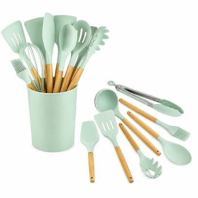 Set de utensilios de cocina de silicona de 12 piezas con soporte, juego de accesorios de cocina para cocinar, remover, servir y preparar alimentos.