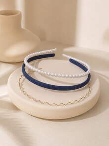 3pcs Girls Fashion Metal Pearl Headbands, Autumn Daily Decoration - Navy Blue - View 1