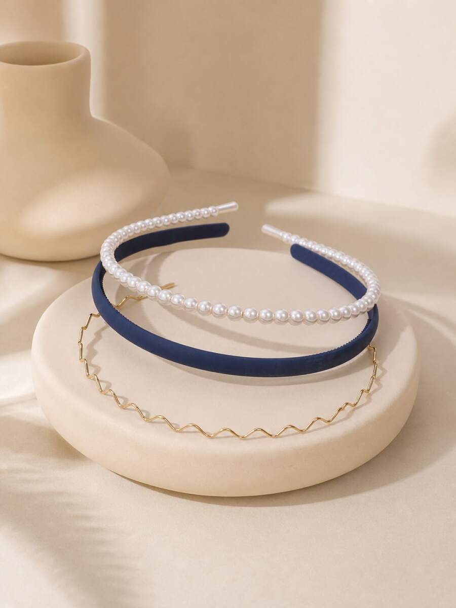 3pcs Girls Fashion Metal Pearl Headbands, Autumn Daily Decoration - Navy Blue - View 1