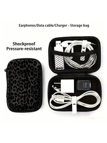 Black Leopard Print EVA Hard Shell 4.3 Inch Compact Storage Box - Travel Protective Storage Bag, Suitable For Electronic Accessories, Earphones, Hard Drives And Data Cables; Shockproof Zipper Pouch (Storage Box Only) - Multicolor - View 3