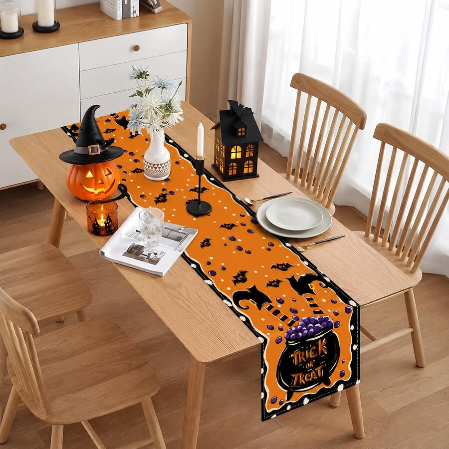 Halloween Table Runner, Fun Hand-Drawn Magic Cauldron & Bat Pattern Table Runner, Seasonal Autumn Kitchen Dining Room Table Decor, Family Gathering Decoration, Halloween Atmosphere Table & Countertop Decor - Multiple Styles - View 1