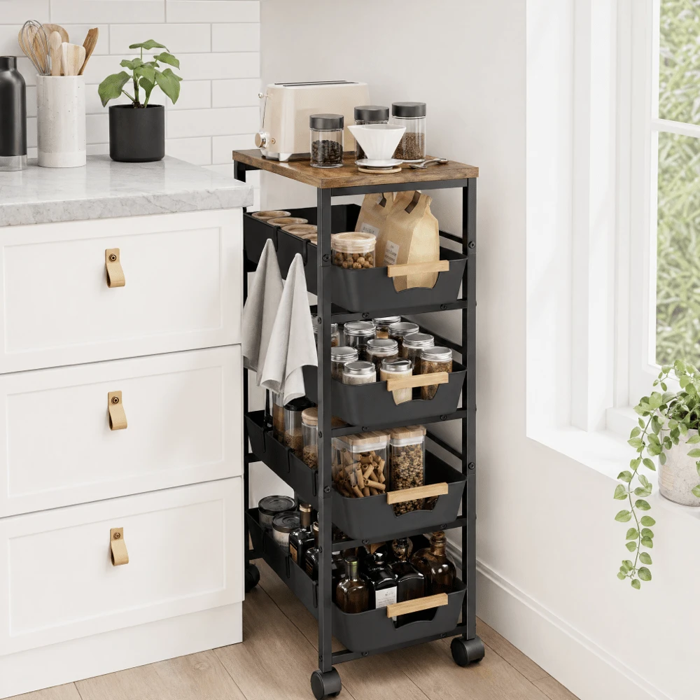 5-Tier Slim Storage Trolley With Wooden Top - Black - View 1