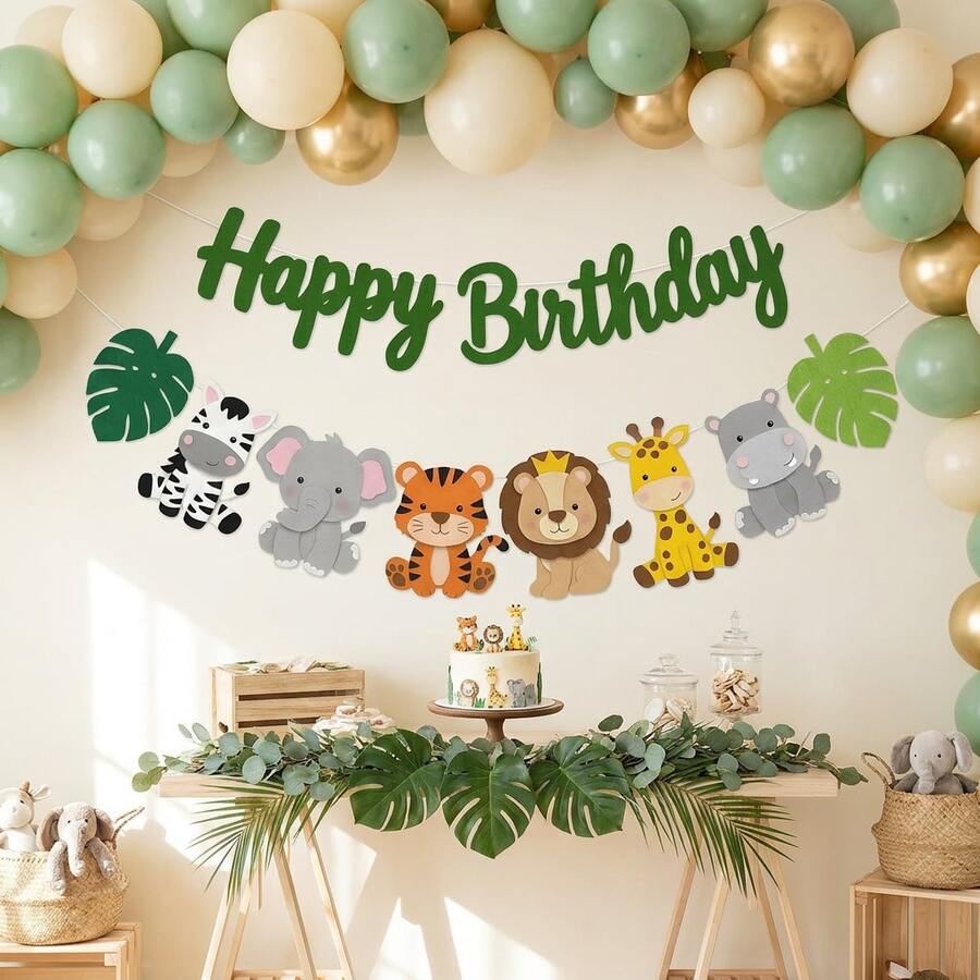 Dschungel Safari Tier Happy Birthday Filz Banner, Tropisches Blatt Zebra Elefant Tiger Löwe Giraffe Nilpferd Hängende Zugflagge, Wildtier Thema Geburtstag Babyparty Wandhintergrund Partydekoration Zubehör, Süßes Geschenk, Wild One Geburtstag Hängedekoration, 2D flach - A - Übersicht 1