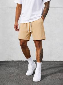 Comfy Casual Stretch Short Pants, Elastic Waist Woven Drawstring All-Match Summer Shorts - Apricot - View 2