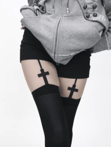 1件女款春夏性感極簡黑色飾邊黑色透膚交叉大腿高筒褲襪，萬用適用於萬聖節與復活節 - 黑色 - 查看 8