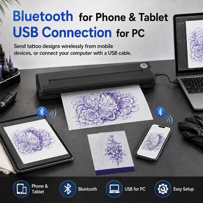P90 Portable Thermal Printer Is Suitable For Wireless Mobile Travel, Compatible With Android And IOS Systems, And Works With Tattoo Paper. The Printer Includes 5 Sheets Of Tattoo Paper.