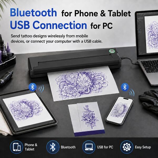 P90 Portable Thermal Printer Is Suitable For Wireless Mobile Travel, Compatible With Android And IOS Systems, And Works With Tattoo Paper. The Printer Includes 5 Sheets Of Tattoo Paper.