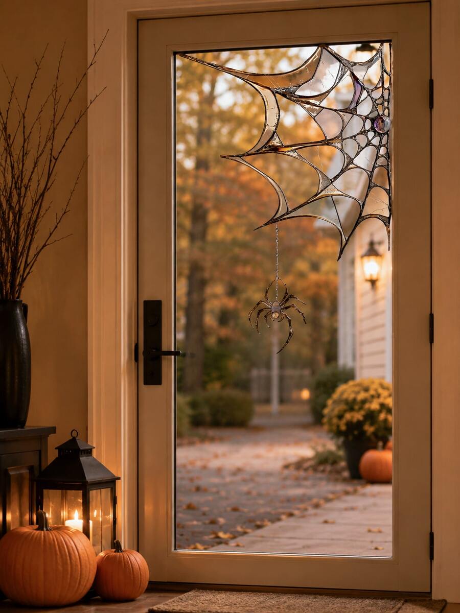 1pc11.81in Halloween Spider Web Static Cling Window Sticker, Double-Sided Visible Stained Glass Style Cobweb Decal With Hanging Spider For Home Window, Glass Door, Party Decor - Spider Web - View 1