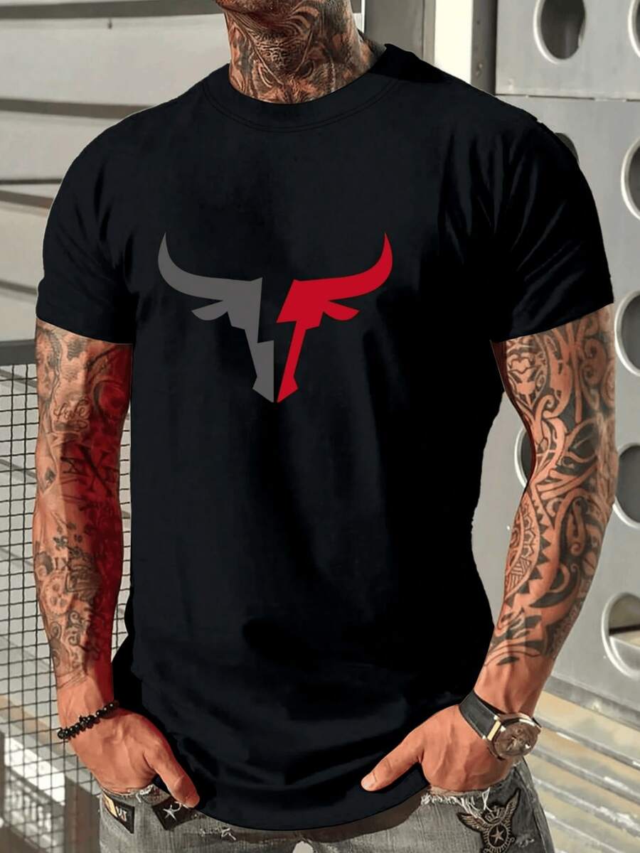 Toro dividido en rojo y gris simboliza fuerza desafío y equilibrio puro camisetas con energía moderna camiseta de hombre casual urbana - Negro - Ver 1