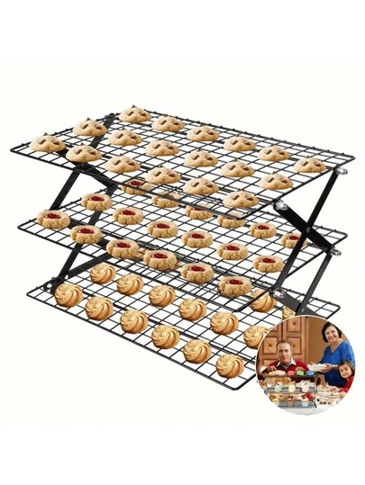 4-Tier & 3-Tier Collapsible Cooling Rack For Cooking And Baking, Large Iron Wire Cake Cooling Rack - Heavy Duty & Space Saving, Foldable Baking Rack For Roasting, Drying, Cookies, Bread, Kitchen & Camping (Black)