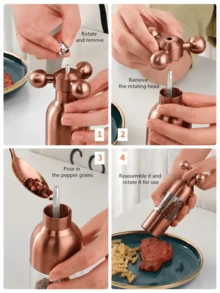 1 pieza Molinillo de especias de acero inoxidable para cocina, molinillo manual de sal y pimienta, molinillo de pimienta recargable con contenedor de especias transparente, adecuado para el hogar, la mesa y el restaurante - oro rosa - Ver 3