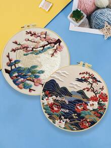 1套刺繡套裝，尺寸15*15cm/5.9*5.9in-20*20cm/7.9*7.9in，主題：美麗風景，附刺繡圈，手工DIY刺繡套裝，適合成人與初學者，包含說明書、印花布料、刺繡圈、針與線，可用作家居裝飾，送給家人和朋友的禮物 - A - 查看 3