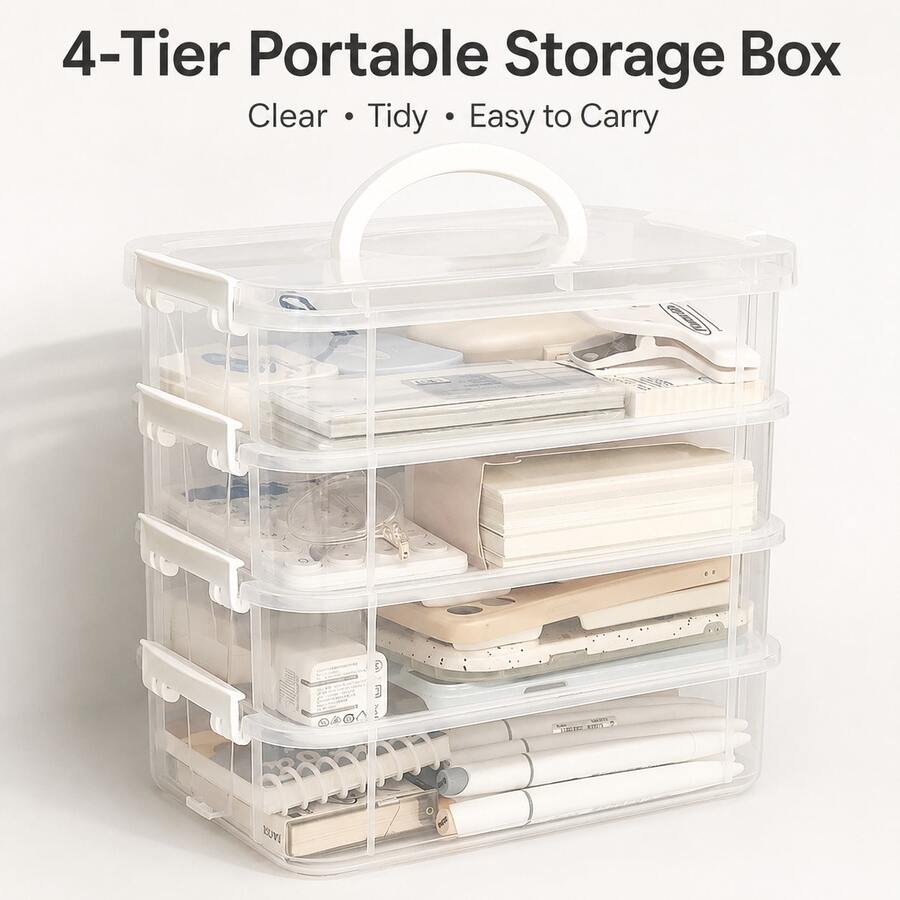 4-Layer Handheld Storage Box Transparent Stackable Compartment Stationery Cosmetics Toys Drawer-Style Organizer - Rectangle - View 1