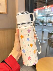 1 Stück 600ml isolierter Becher mit Blumen-Schleife, vakuumisolierter Becher mit Griff und Trageband, Edelstahl-Innenfutter, Kalt- & Heißgetränke Reisebecher, tragbarer Wasserbecher für Frauen, perfektes Urlaubsgeschenk - Weiss - Übersicht 2