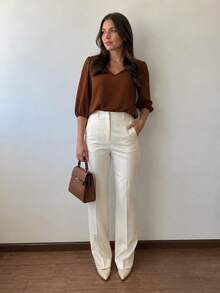 3/4 Length Polyester Blouse, Contrast Knit, Sizes M To XL, Perfect For Daily Wear, Holidays, Office, Home, And Autumn. - بني مصدي - مشاهدة 2