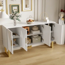 Modern And Luxurious 150cm White Sideboard With Textured Lacquered Doors And Gold Handles, 4-Door Model With Height-Adjustable Shelves. - White - View 4