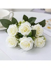 1/3pcs Artificial Silk Rose Flower Bouquet Fake Foam Fruit, Spring Autumn Decor, Valentine's Day Bridal Bouquet Wedding Vase, For Home, Room, Dining Room, Bedroom, Bathroom, Kitchen Decor - White - View 3