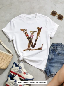 Women's Summer Casual Soft Round Neck Short Sleeve-Shirt,Leopard & Luxury Accessory Print Graphic Is Suitable Daily Wear. - White - View 5