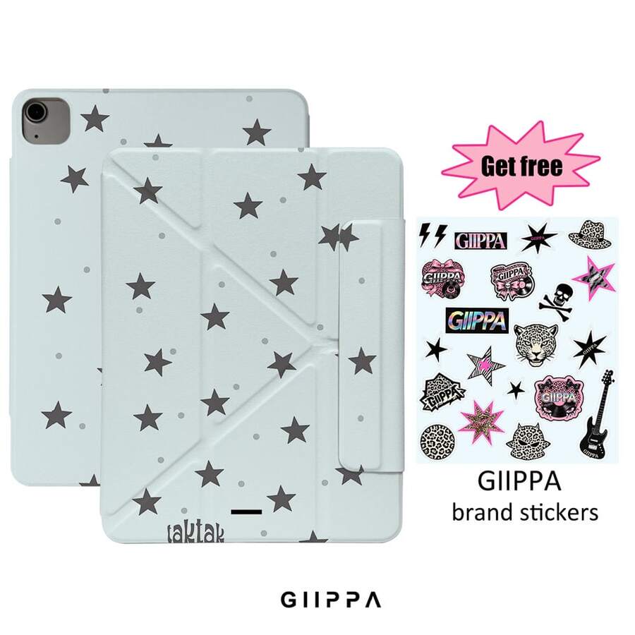 GIIPPA 1個淺灰色與黑色星星印花保護殼,附贈貼紙,完美的情人節禮物,磁吸式可拆卸Y型摺疊防震保護套,附筆槽,適用於iPad Mini 6/7、Air 2/3/4/5/11/13" (M2/M3 2024-2025)、5/6/7/8/9/10/11代、Pro 10.5/11/12.9" (2017-2025),極簡Y2K頹廢美學風格 - 多色2 - 查看 1