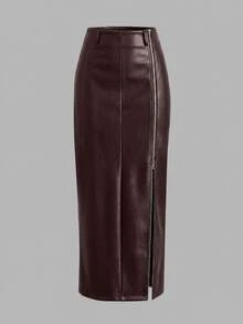 Women's Spring/Summer Black Fashion Elegant PU Leather Long Pencil Skirt With Zipper Slit (No Belt) Casual / Office / Party Skirt - Burgundy - View 2