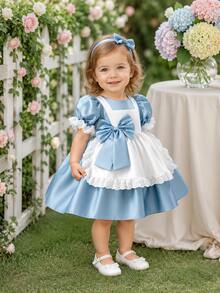 Mädchen Prinzessinnenkleid, Ballonärmel Partykleid, Baby Mädchen Aufführungskostüm - Blau - Übersicht 1