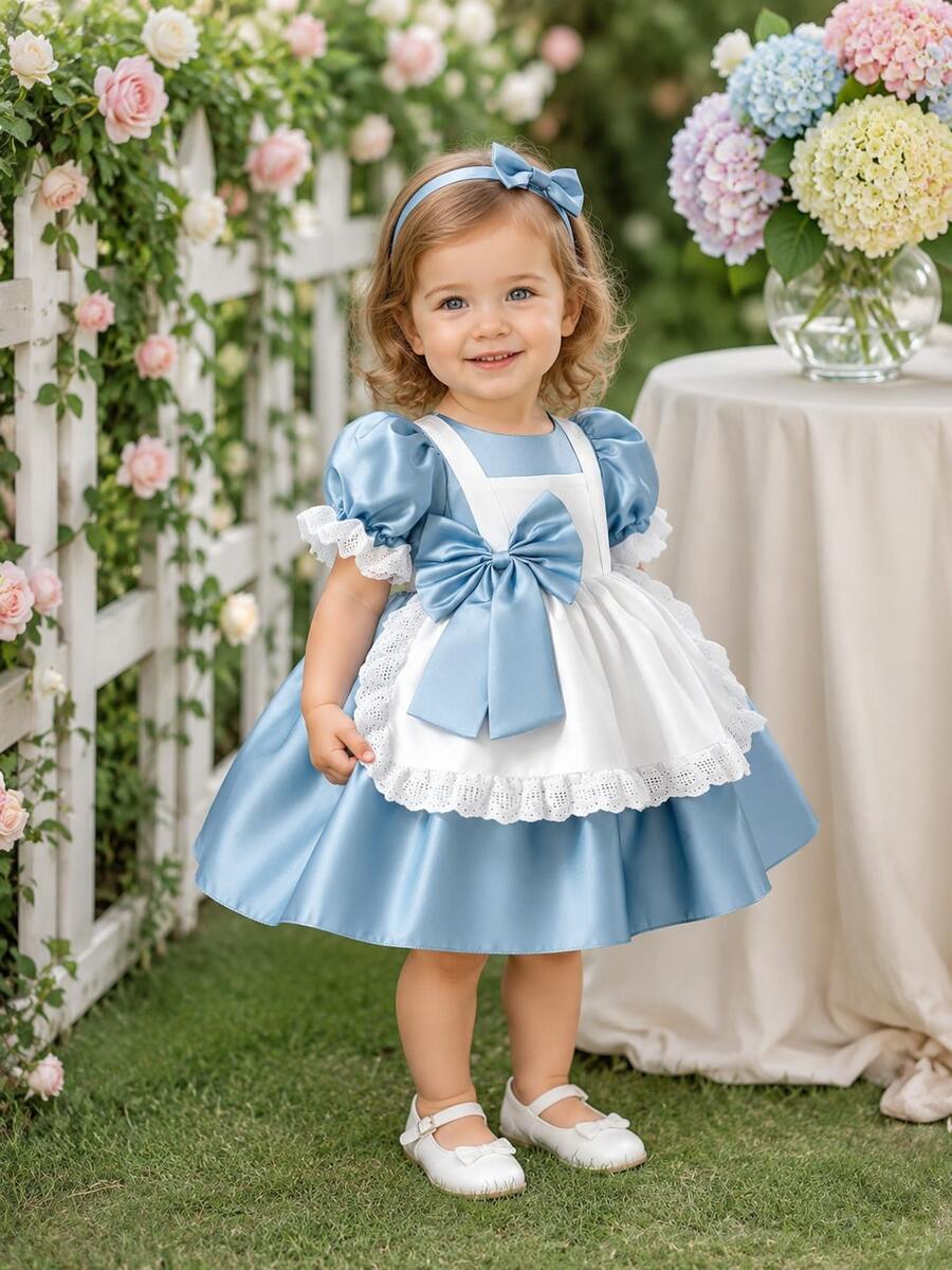 Mädchen Prinzessinnenkleid, Ballonärmel Partykleid, Baby Mädchen Aufführungskostüm - Blau - Übersicht 1