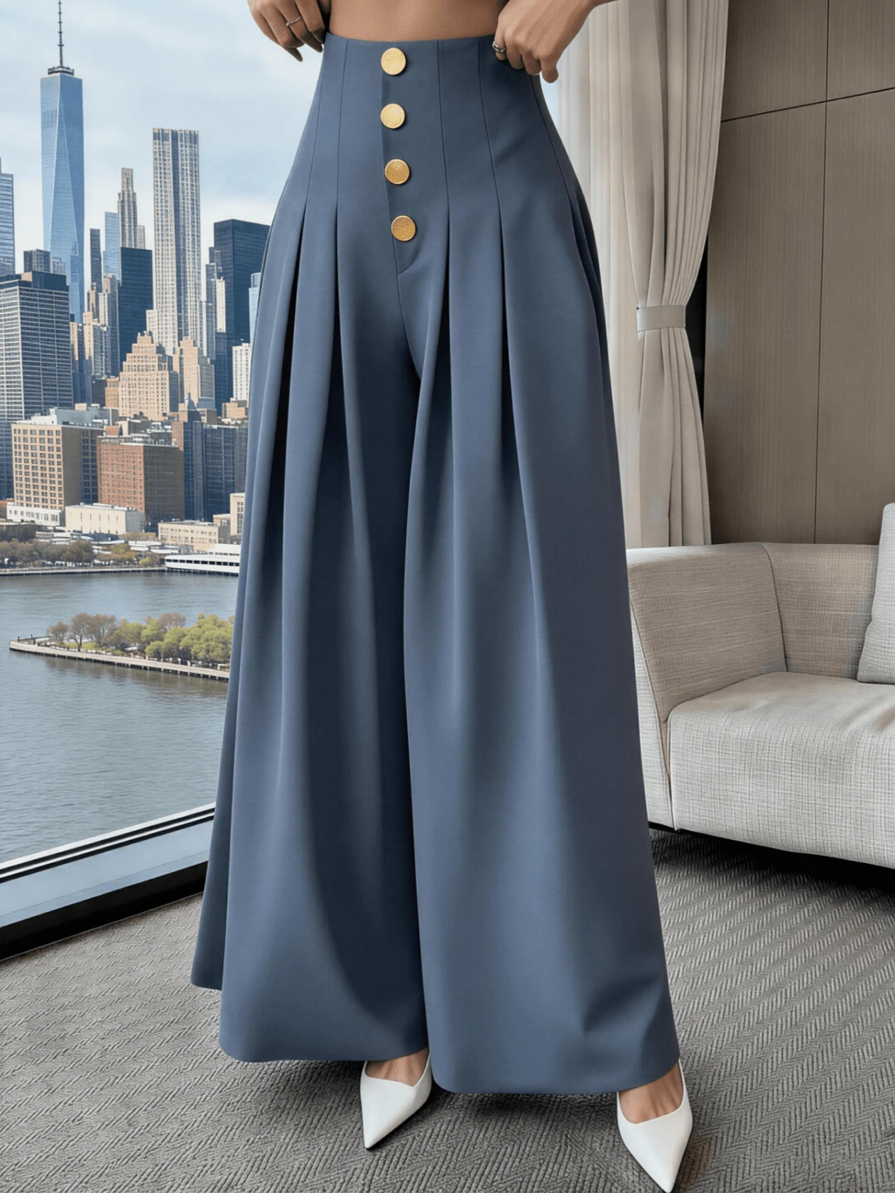 Women's Loose-Fitting Wide-Leg Pants, Solid Color, With Front Buttons And Pleats, Sizes S, M, L - Grey - View 1