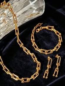 Set Perhiasan Pernikahan Kalung, Gelang, dan Anting Rantai Tebal dengan Sambungan Bentuk U dari Baja Tahan Karat - MultiWarna - View 2