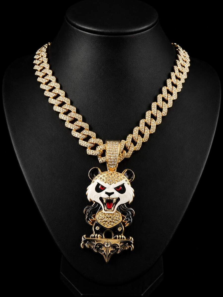 1pc Fully Rhinestoned Panda Animal Pendant Necklace, Fashionable Shiny Hip-Hop Style Accessory, Suitable For Daily Wear