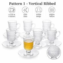 1 Set 120ml Clear Glass Coffee & Tea Cup Set With 6 Cups & 6 Saucers, Elegant Footed Design, 3 Pattern Options, Vintage Style Transparent Red Tea Cup And Saucer Set For Home, Afternoon Tea, Dessert, Coffee, Holiday Hosting & Gift Use - Transparent - View 5