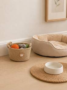 1 Khaki Hand Woven Storage Basket For Storing Small Pet Toys, 1 Handmade Rope Storage Box For Filling Cat And Dog Balls, And A Portable Pet Supplies Storage Container Essential For Family Bedrooms - Khaki - View 3