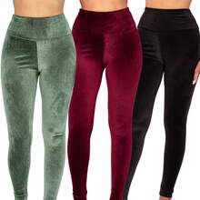 Set Of 3 Corduroy Plush Leggings, Comfortable, Thick Fabric, For Winter - 黑色/酒紅色/綠色 - 查看 1
