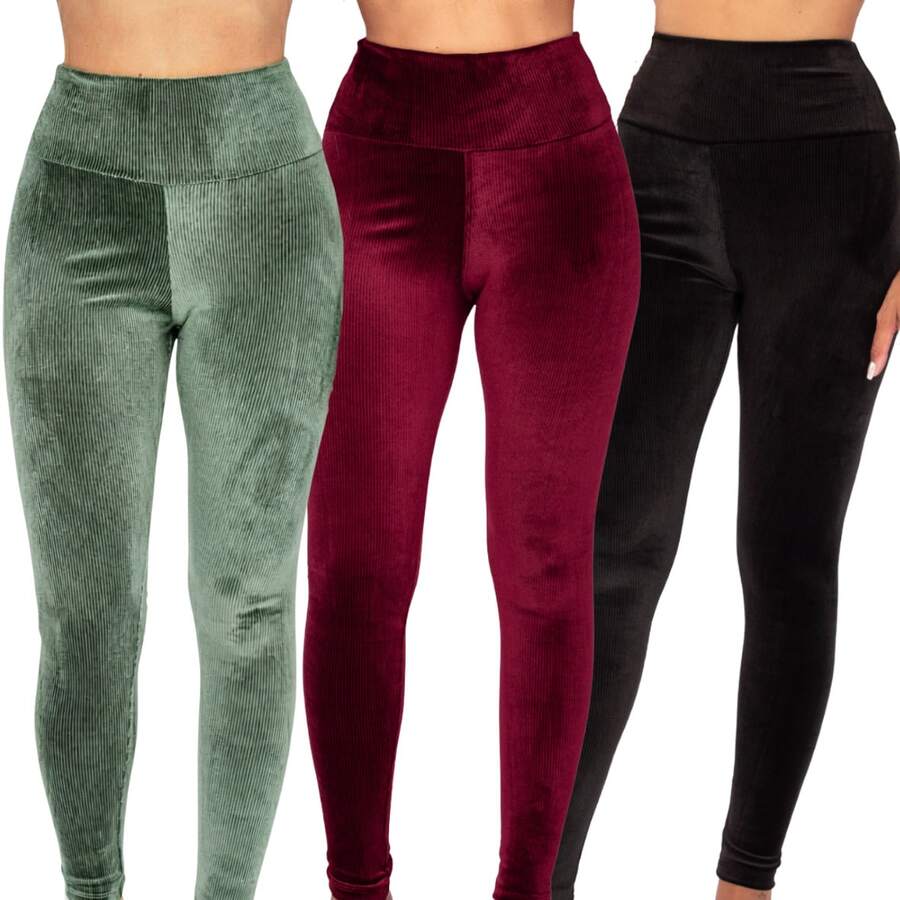 Set Of 3 Corduroy Plush Leggings, Comfortable, Thick Fabric, For Winter - 黑色/酒紅色/綠色 - 查看 1