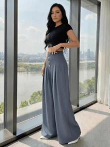 Women's Loose-Fitting Wide-Leg Pants, Solid Color, With Front Buttons And Pleats, Sizes S, M, L - Grey - View 2