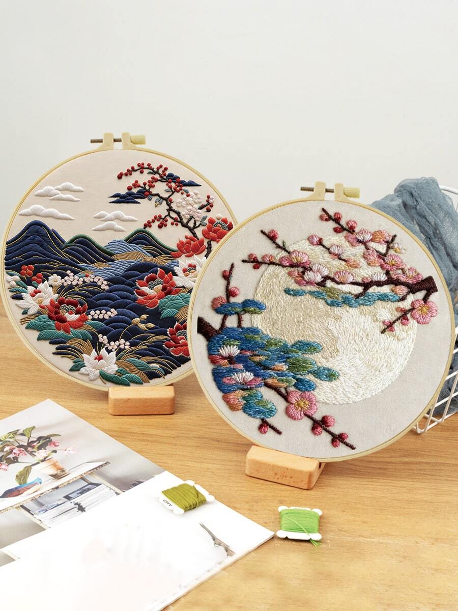 1套刺繡套裝，尺寸15*15cm/5.9*5.9in-20*20cm/7.9*7.9in，主題：美麗風景，附刺繡圈，手工DIY刺繡套裝，適合成人與初學者，包含說明書、印花布料、刺繡圈、針與線，可用作家居裝飾，送給家人和朋友的禮物