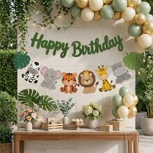 Dschungel Safari Tier Happy Birthday Filz Banner, Tropisches Blatt Zebra Elefant Tiger Löwe Giraffe Nilpferd Hängende Zugflagge, Wildtier Thema Geburtstag Babyparty Wandhintergrund Partydekoration Zubehör, Süßes Geschenk, Wild One Geburtstag Hängedekoration, 2D flach - A - Übersicht 4