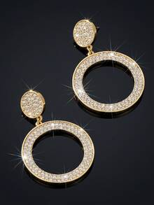 1對鍍金水鑽鑲嵌幾何圓形耳環，閃耀吸睛女士派對婚禮珠寶吊飾耳環 - 幾何造型水滴耳環 - 查看 4
