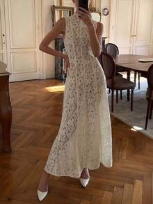 Dirp Noir Women's Summer Elegant Vintage Tea Party Palace Style White Lace Sleeveless High Neck Waist-Cinching Elegant Dress, Suitable For Elegant Party Dress, Graduation Ceremony Dress, Birthday Dress, Luxury Party Dress, Holiday Outfit, Independence Day Outfit, Wedding Guest Dress - White - View 8