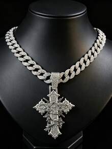 1pc Fully Rhinestoned Woven Cross Pendant, Designed For Men, Hip Hop Style Accessory, Street Fashion - Cross Pendant Necklace - View 12