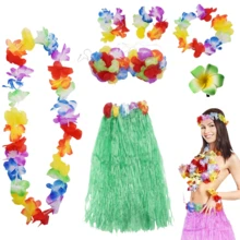7 Sets Hawaiian Party Costume, Includes Grass Skirt Set, Necklace, Bracelet, Headband, Floral Bra, Perfect For Beach Party Decor And Easter Cheerleading Performance - Multicolor - View 8