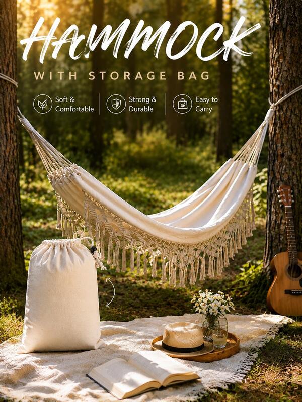 Bohemian Tassel Pattern Indoor/Outdoor Hanging Chair And Lounge Chair, Suitable For Camping, BBQ, Reading (Beige/Green/Black/Light Grey/Blue) With 2pcs 3 Meters Long Ropes, Teardrop Shape, Garden Patio Hammock And Decor