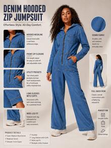 Women's Fashionable Hooded Denim Jumpsuit, Long Sleeves, Straight Cut, Loose Fit, Relaxed And Casual Style. - 藍色 - 查看 1