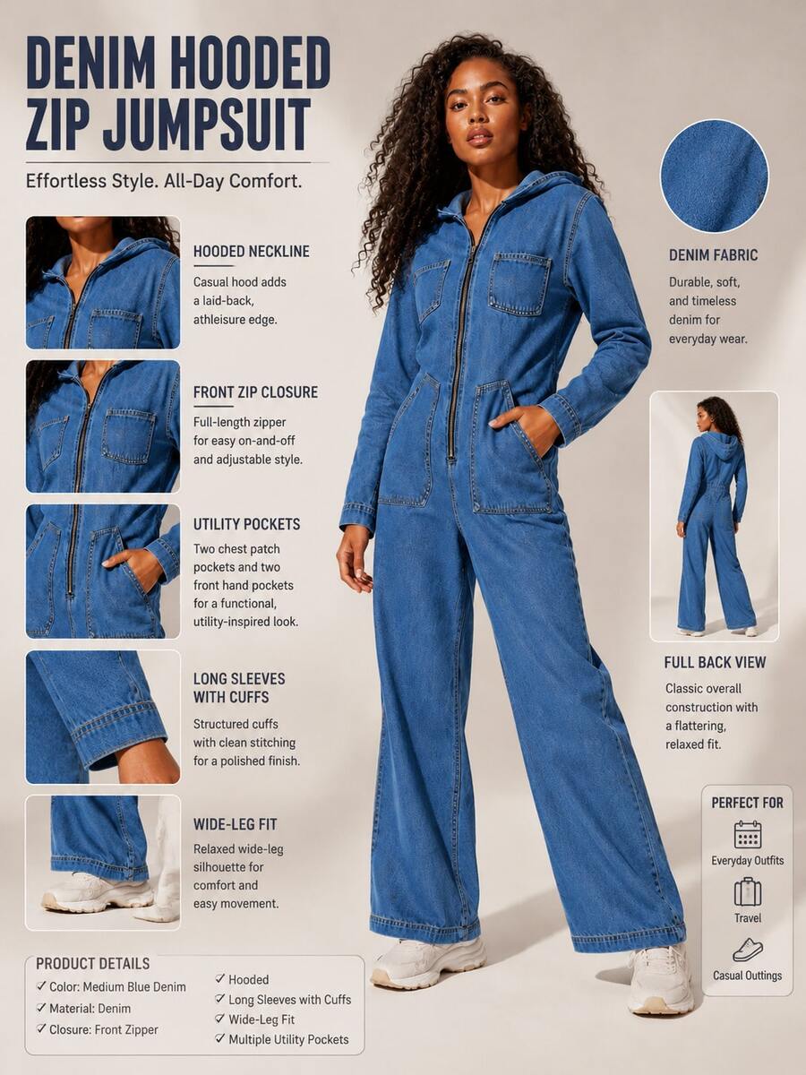 Women's Fashionable Hooded Denim Jumpsuit, Long Sleeves, Straight Cut, Loose Fit, Relaxed And Casual Style. - 藍色 - 查看 1