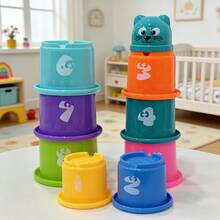 9pcs/Set Funny New Round Stacking Cups, Animal, Number And Fruit Multi-Pattern Design, Suitable For Bathing, Beach And Water Games. Ideal Gift For Holidays And Birthdays. - Multicolor - View 3