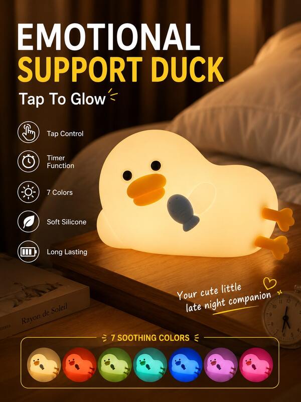 7-Color Silicone Duck Night Light, Tap Control Cute Room Decor Lamp, Soft Squeezable Bedside Light, Suitable For Bedroom, Desk, Dorm, Gift